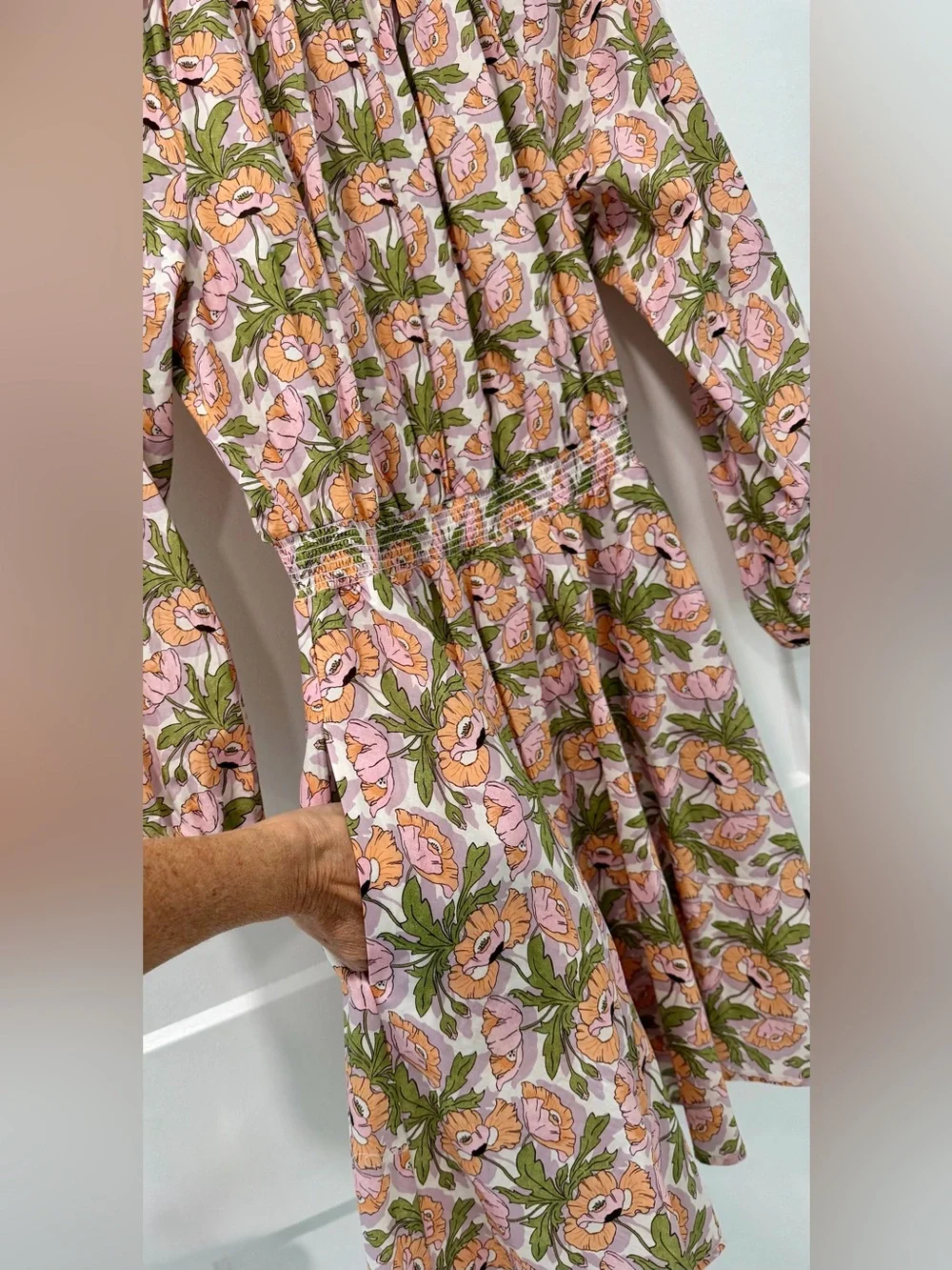 J Crew Butterfield Poppy Pink Green Floral Mini Dress Pockets Smocked Waist (Sm)